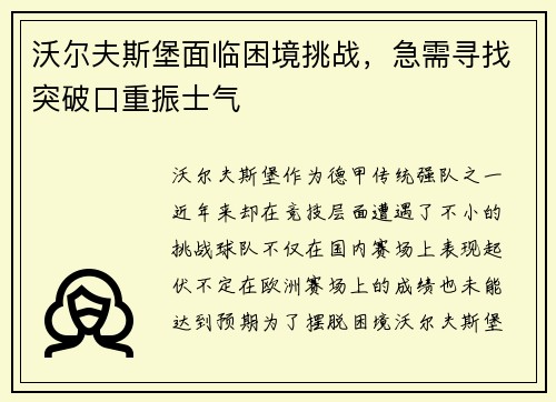 沃尔夫斯堡面临困境挑战，急需寻找突破口重振士气