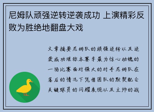 尼姆队顽强逆转逆袭成功 上演精彩反败为胜绝地翻盘大戏