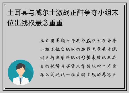 土耳其与威尔士激战正酣争夺小组末位出线权悬念重重