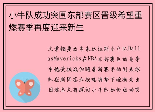 小牛队成功突围东部赛区晋级希望重燃赛季再度迎来新生