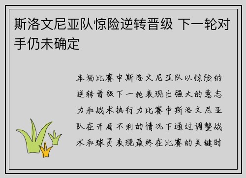 斯洛文尼亚队惊险逆转晋级 下一轮对手仍未确定