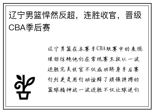 辽宁男篮悍然反超，连胜收官，晋级CBA季后赛