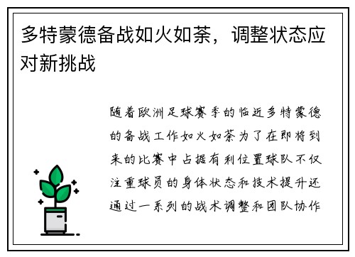 多特蒙德备战如火如荼，调整状态应对新挑战