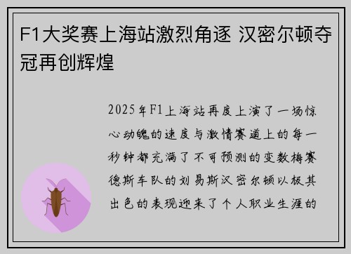 F1大奖赛上海站激烈角逐 汉密尔顿夺冠再创辉煌