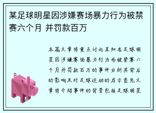 某足球明星因涉嫌赛场暴力行为被禁赛六个月 并罚款百万