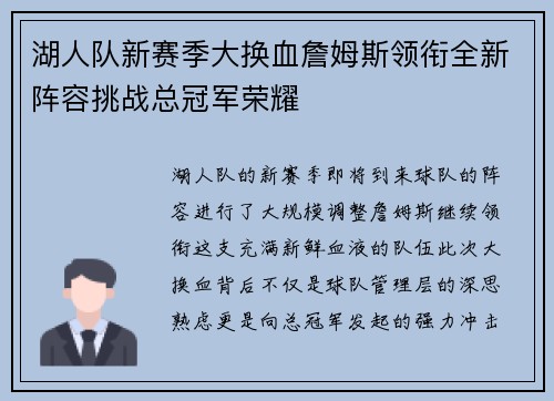 湖人队新赛季大换血詹姆斯领衔全新阵容挑战总冠军荣耀